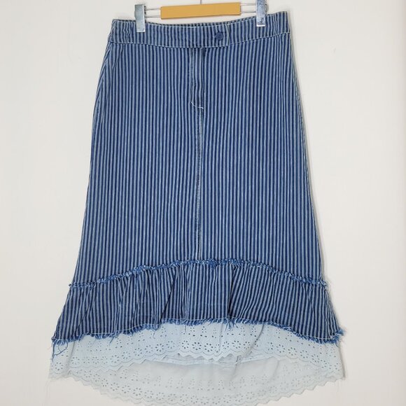 2/$40 Imitz Blue & White 100% Cotton Jean Zip Front Ruffled Eyelet Hem Size 40 - Picture 1 of 9